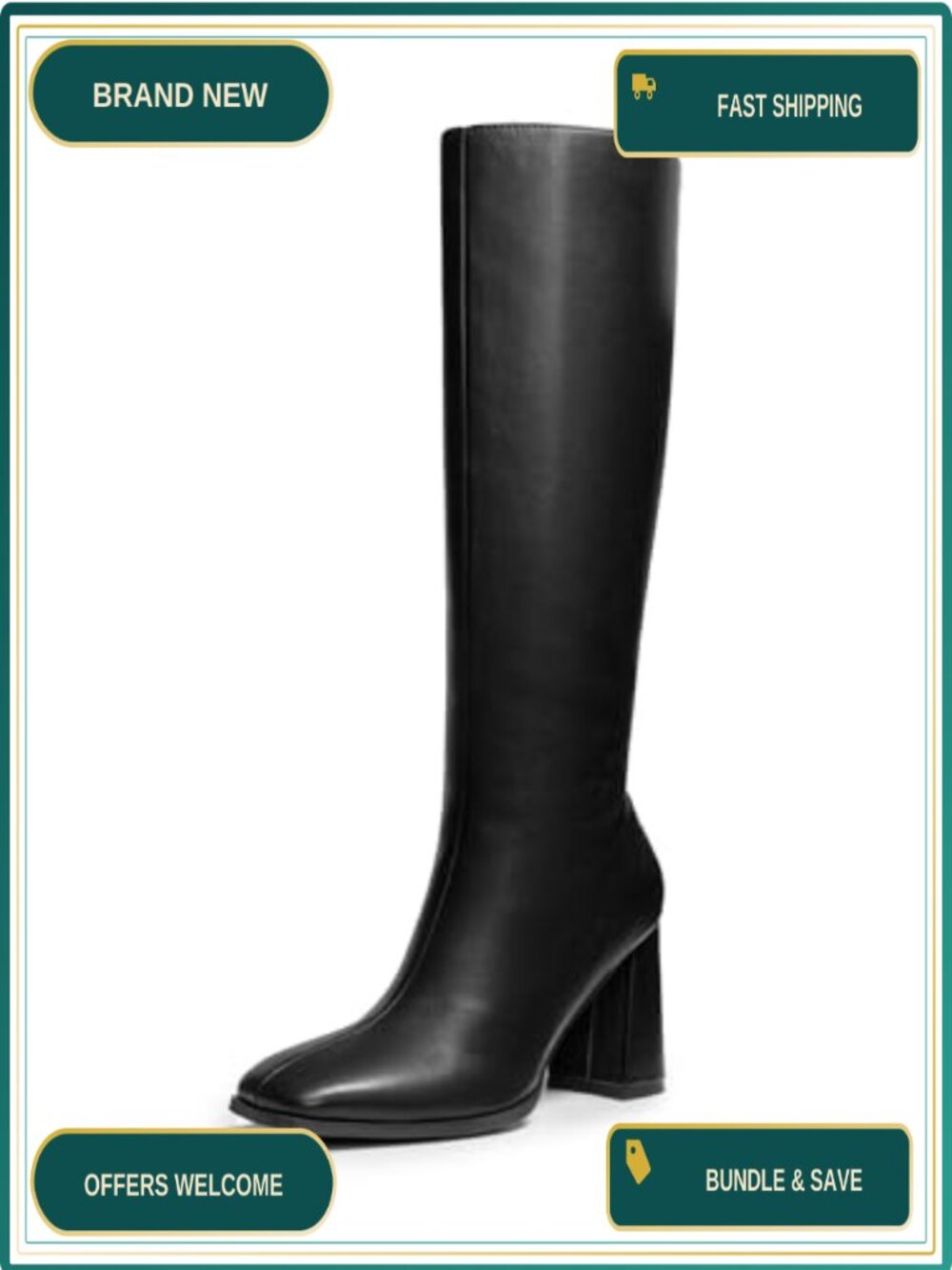 Women's Knee High Square Toe Heel Boots Faux Leather Side Zip